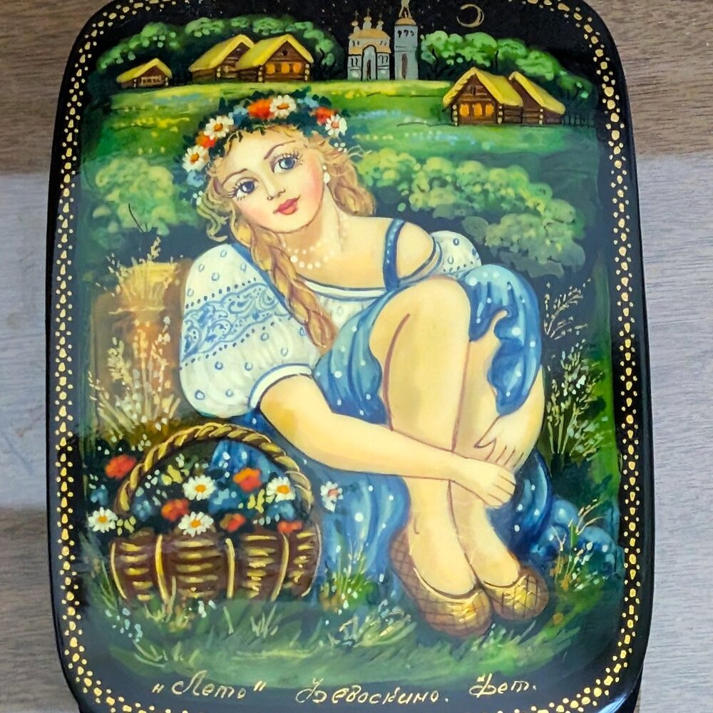 Vintage Russian USSR Signed Fedoskino Summer Lacquer Jewelry Trinket Box 5.5"x4"